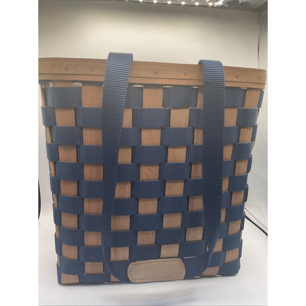 Longaberger Tall Tote To Go Blue Webbing Wood Basket Handles 2007